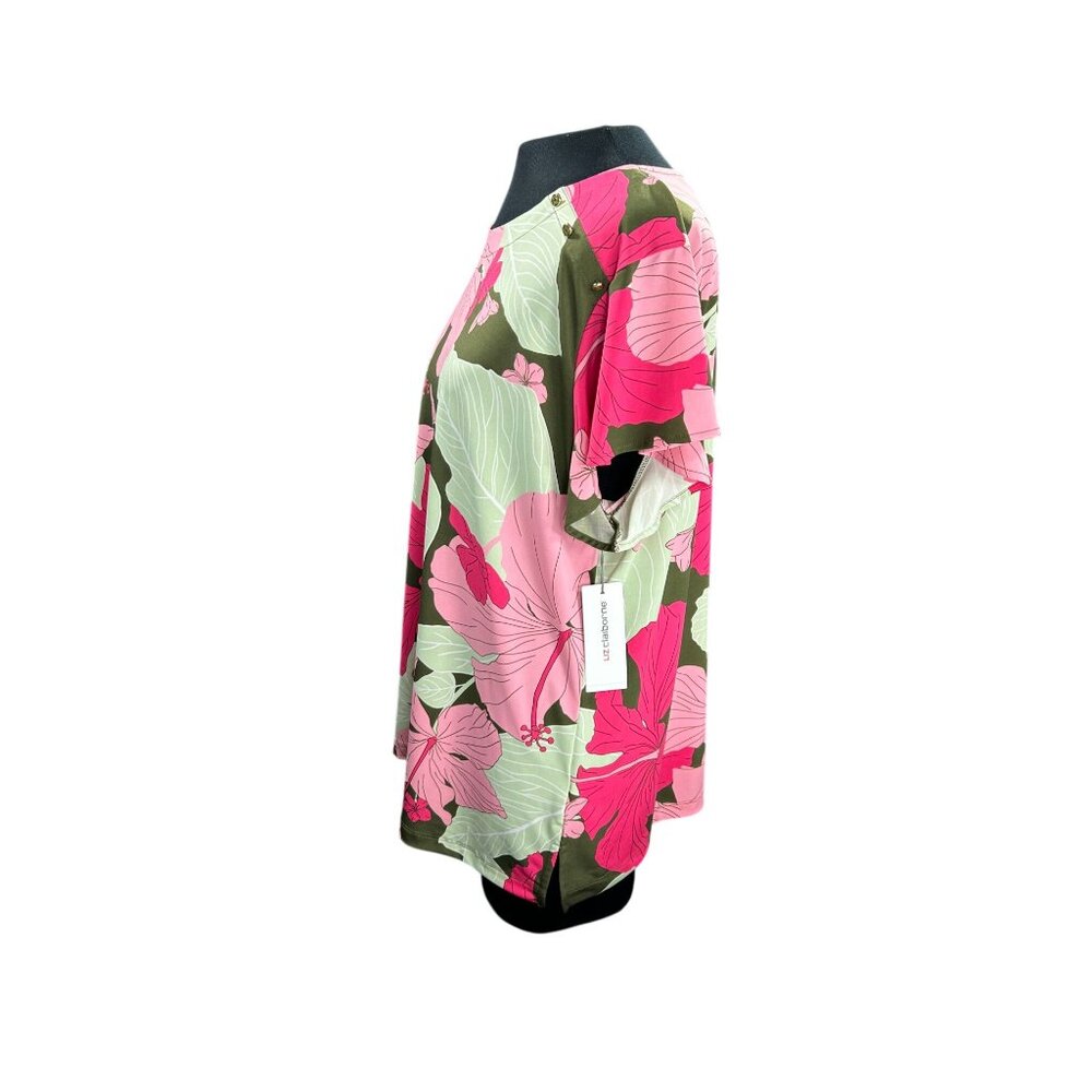 Liz Claiborne Womens XL Pink & Green Floral Print Top Short Sleeves Keyhole Back - Picture 2 of 11